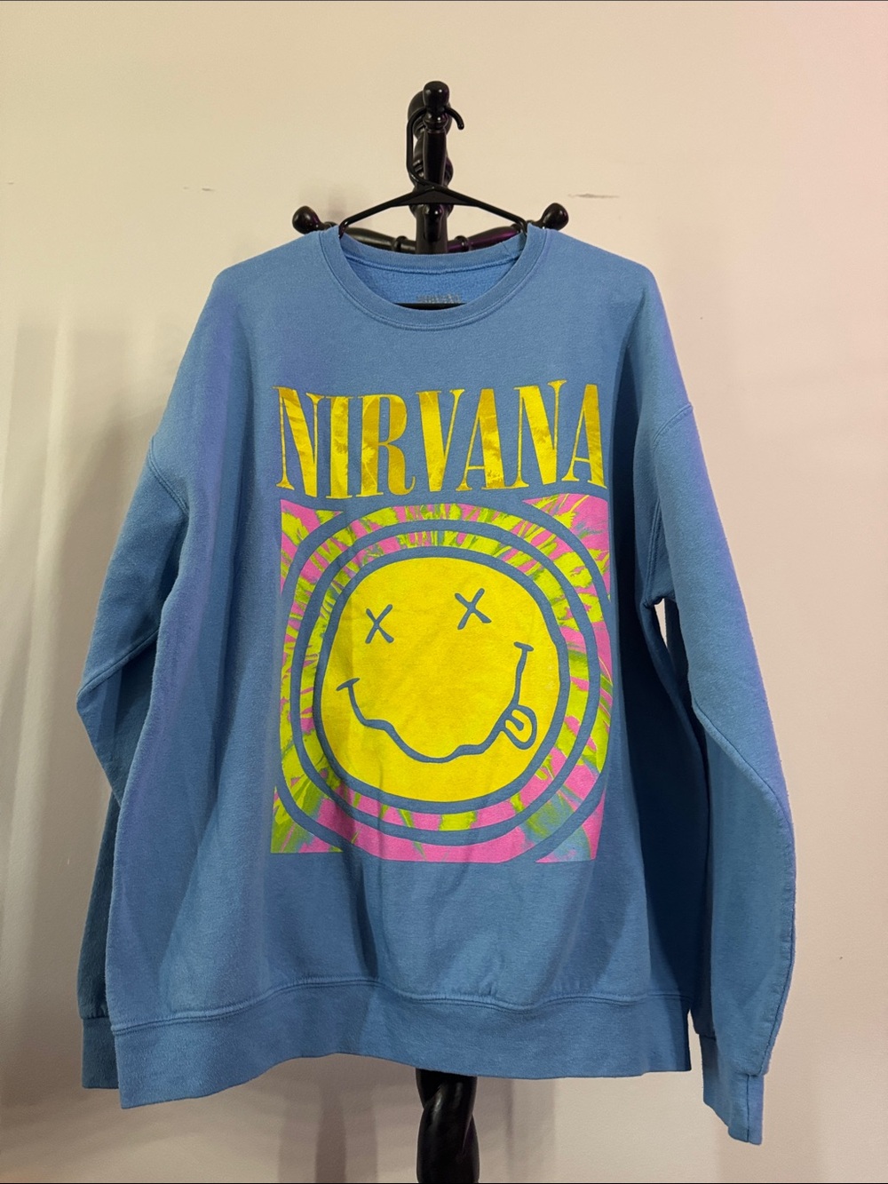 NIRVANA Blue Crewneck with Yellow Smiley Graphic and Pink Accents 32.T